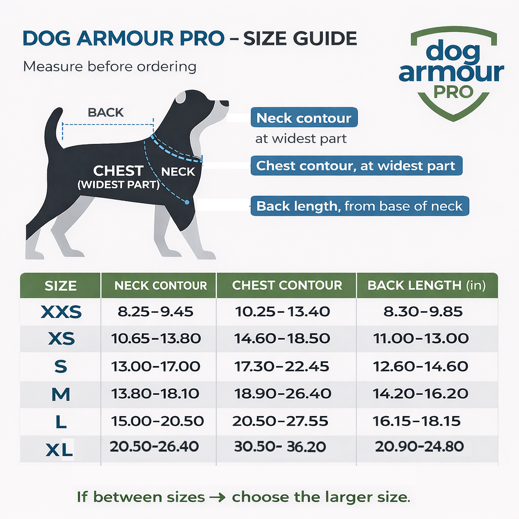Dog Armour PRO Anti-Bite Vest for Dogs — size guide XXS–L