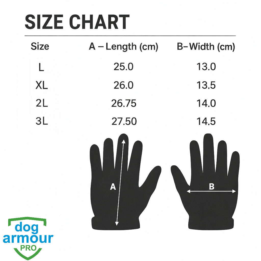 Dog Armour PRO IronShield Gloves sizing chart in centimetres
