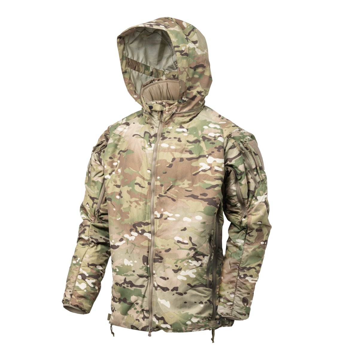Direct Action Vanguard Access Insulation Jacket MultiCam – hood raised, three-quarter view