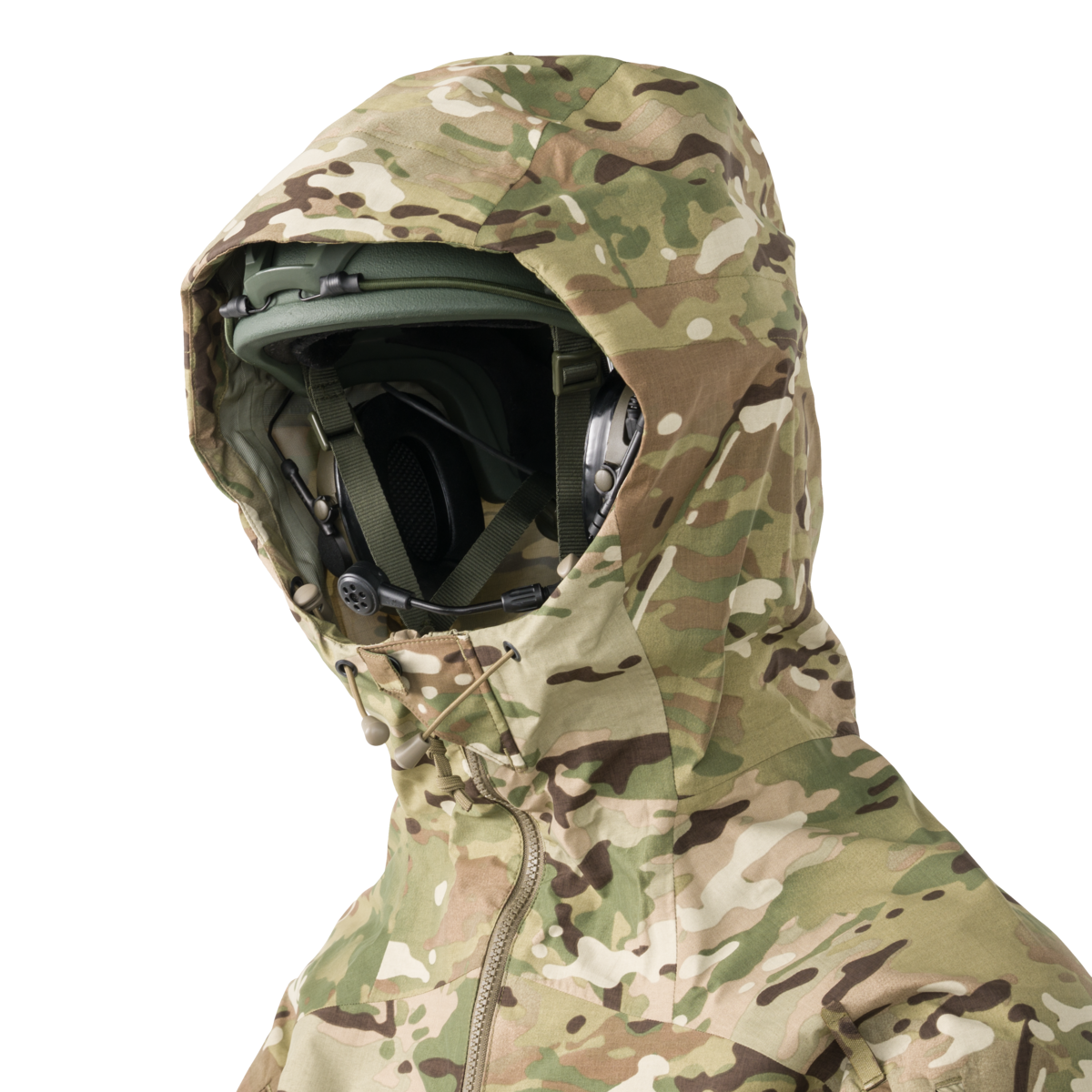 Direct Action Vanguard Over-Shell Jacket MultiCam – hood worn over a helmet with hearing protection