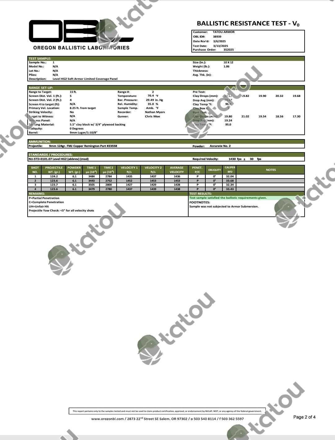 IIIA/HG2 SOFT ARMOR 10x12 SAPI - TATOU ARMOR - FairD Canada
