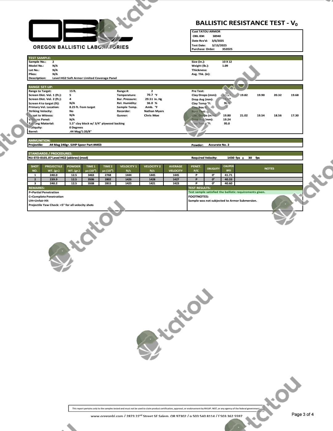 IIIA/HG2 SOFT ARMOR 10x12 SAPI - TATOU ARMOR - FairD Canada