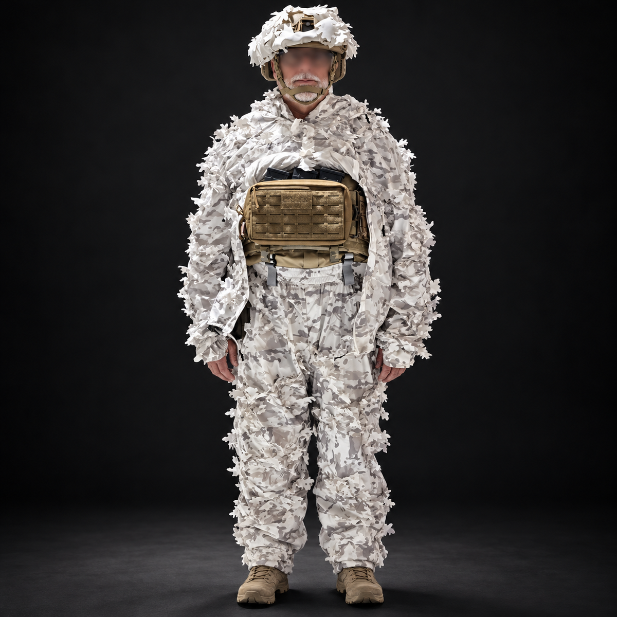 Tat Warmer Alpine Camouflage Winter Suit front view with plate carrier access