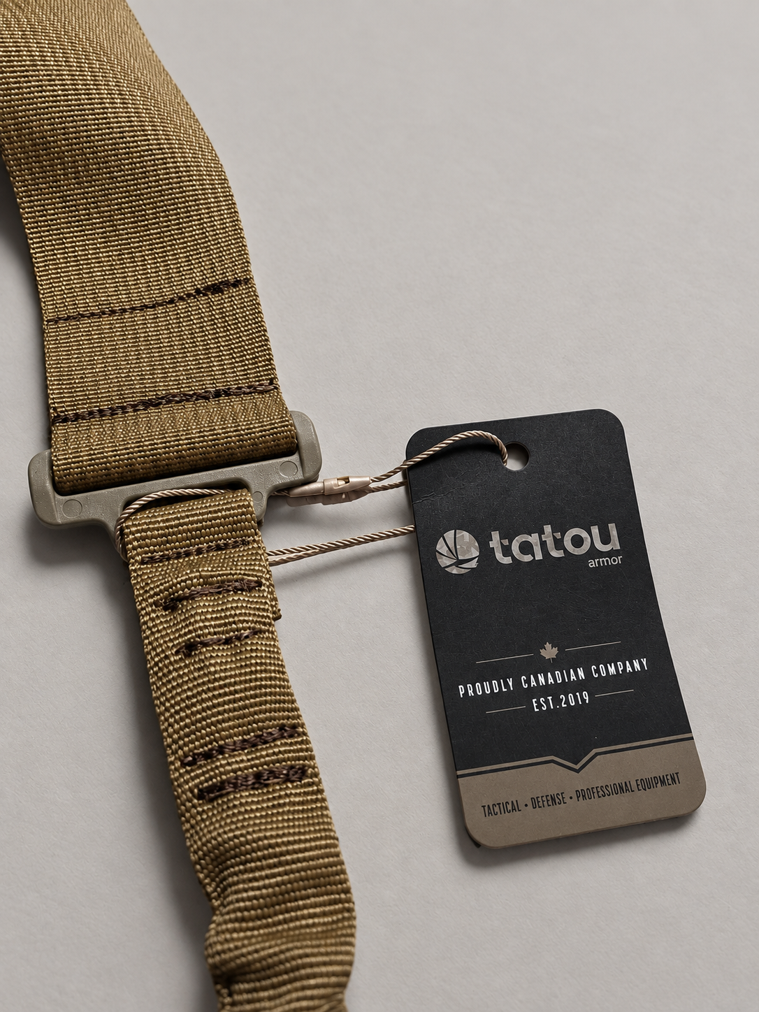 Tatou Armor 2 inch adjustable sling clean product photo with Canadian made tag