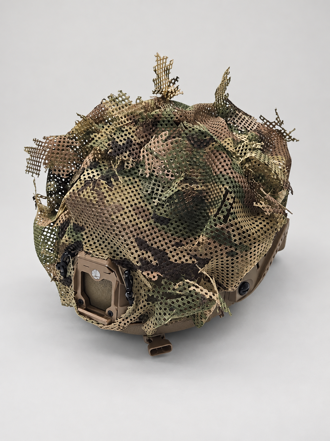 Alternate view 1 of the Tatou Armor MultiCam mesh helmet cover on a tan tactical helmet