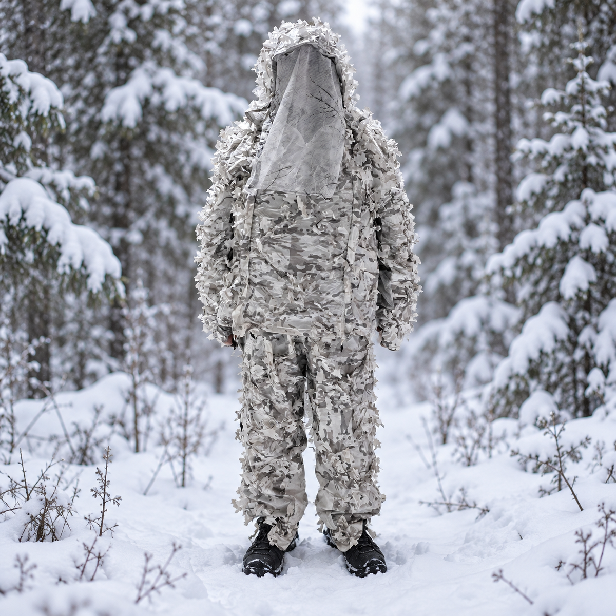 Tatou Armor Alpine winter camouflage suit with 3D leaves in a snowy forest