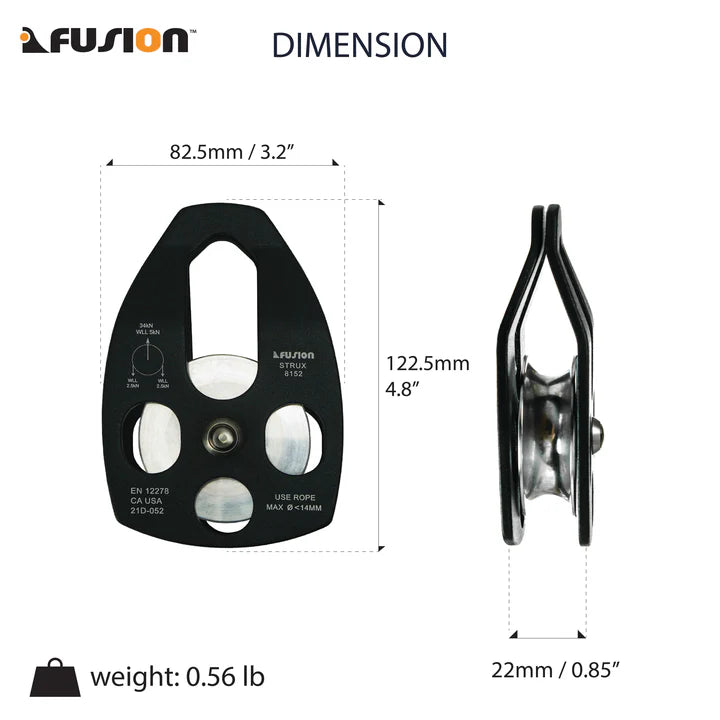 Rescue Double Pulley – 34KN Aluminum Side Swing, Black for Climbing & Rigging FUSION CLIMBING