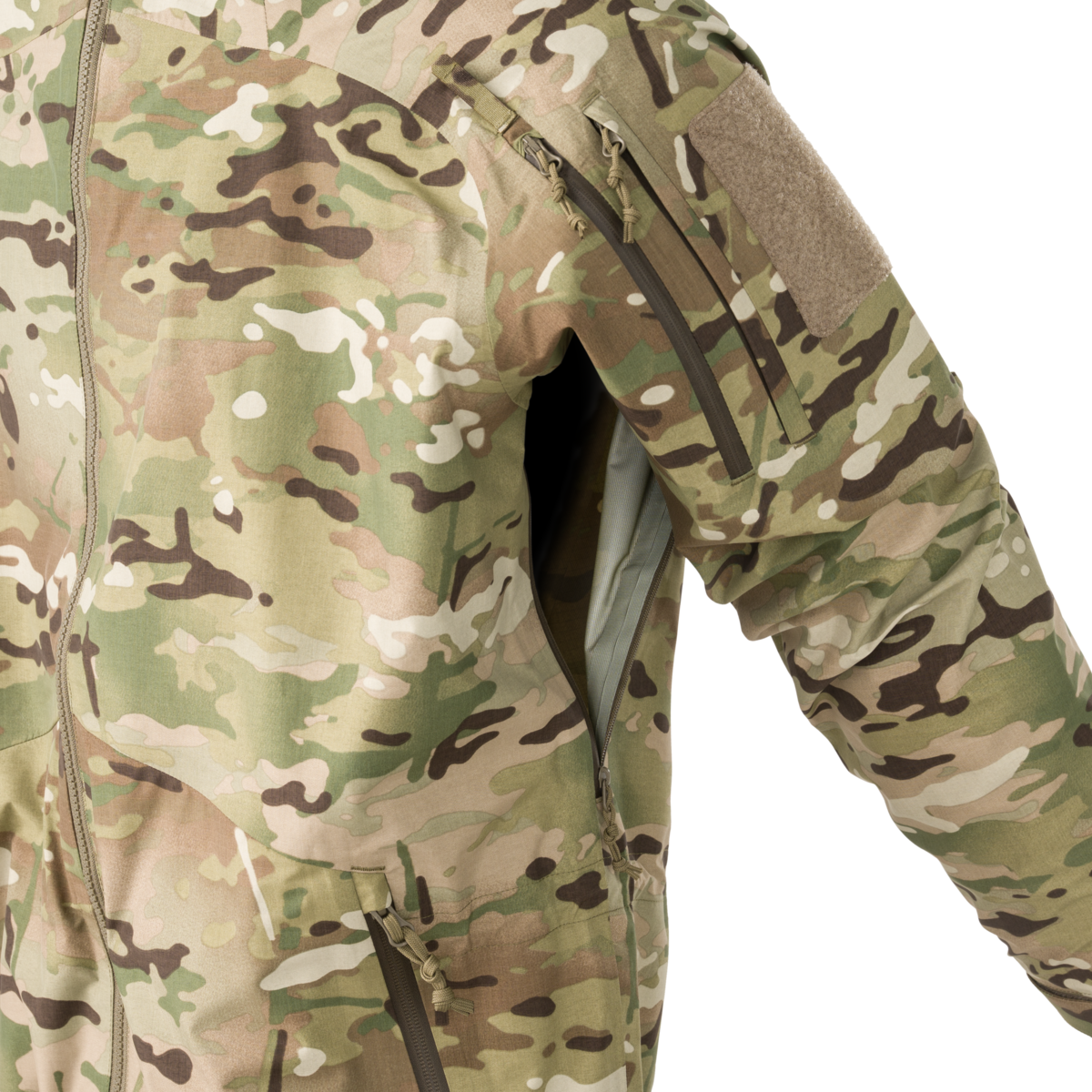 Direct Action Vanguard Over-Shell Jacket MultiCam – side opening and upper sleeve pocket detail