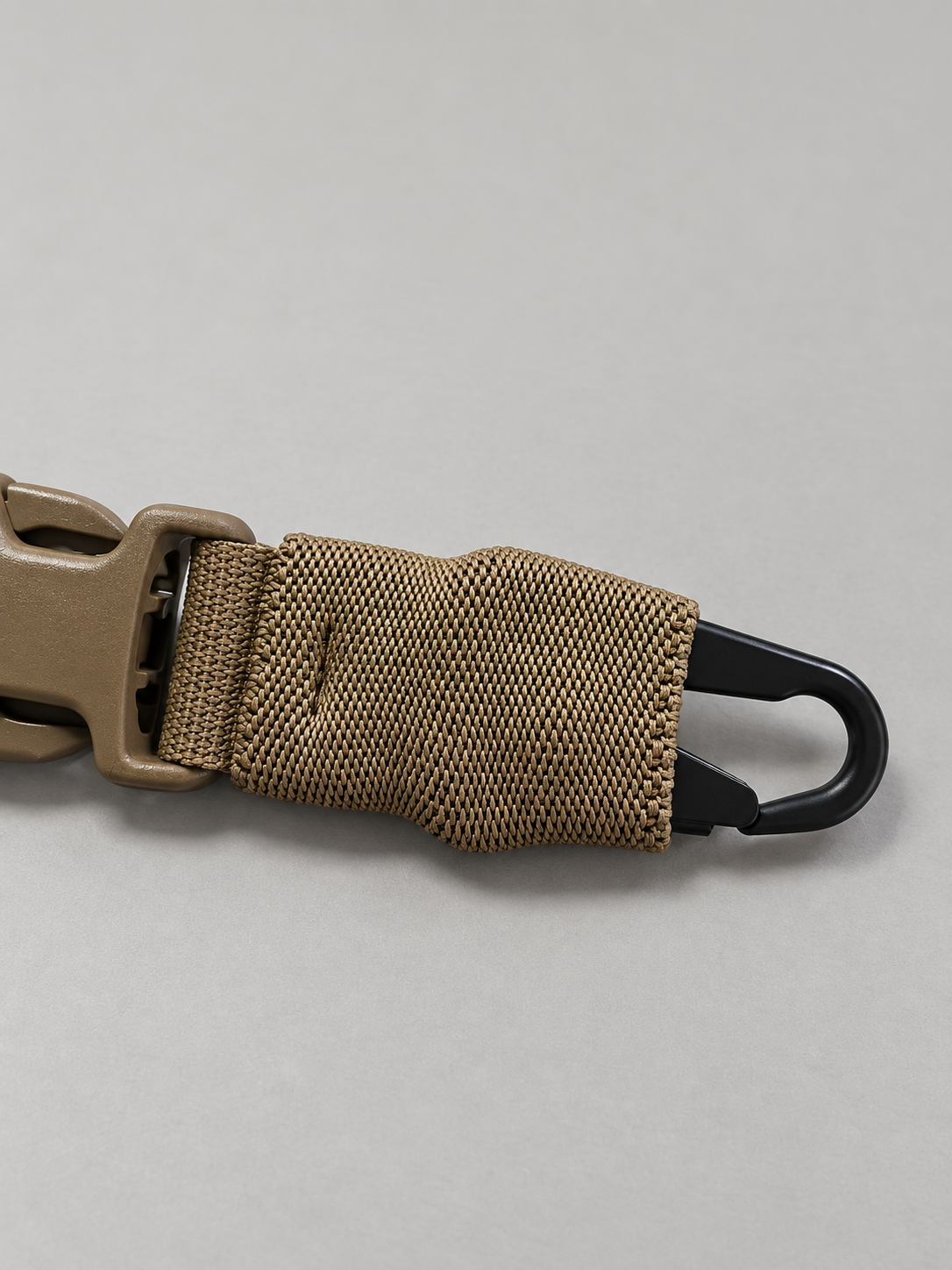 Tatou Armor 2 inch adjustable sling clean close-up of black hook and coyote webbing
