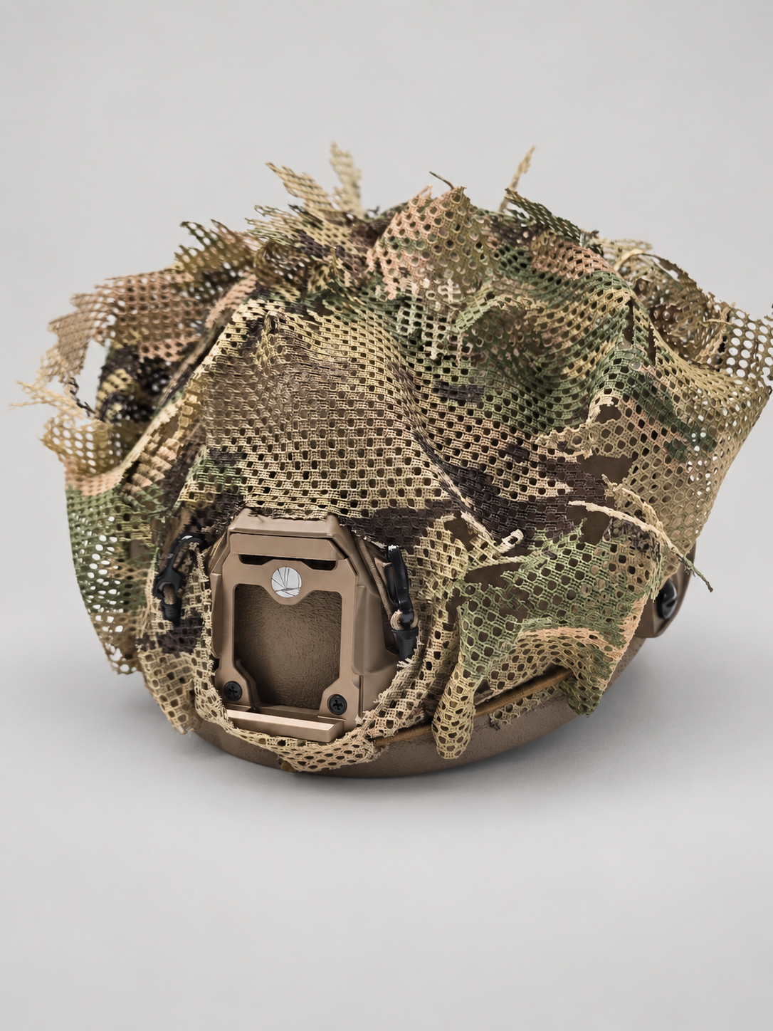 Alternate view 6 of the Tatou Armor MultiCam mesh helmet cover on a tan tactical helmet