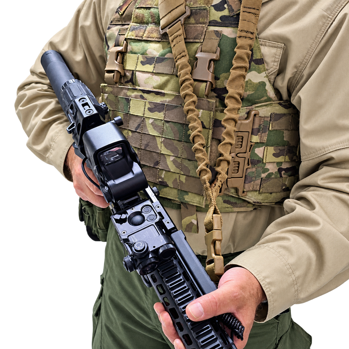 Tatou Armor QRS Plate Carrier Multicam worn with rifle